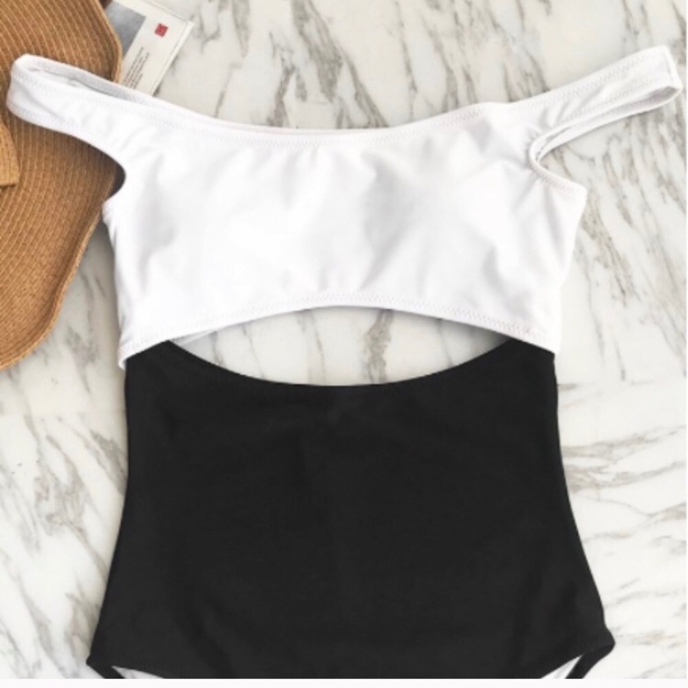 Cupshe Dropped Shoulder White & Black Swimsuit